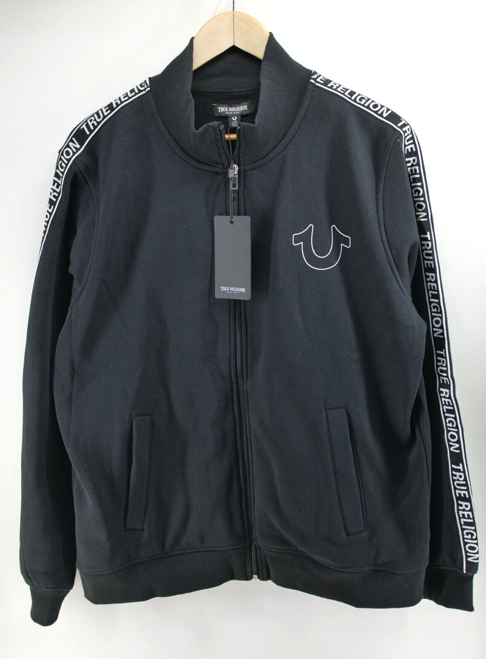 True Religion Sweater Mens Large Black Spellout Full Zip Logo Sweatshirt Adult
